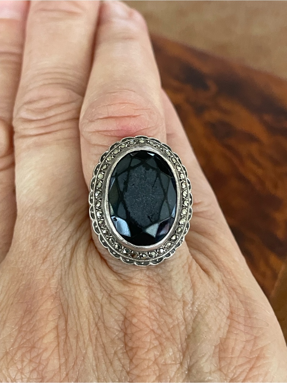 Antique Art Deco Sterling Black Oval Onyx Milgrain Bezel Set w Marcasites Ring
